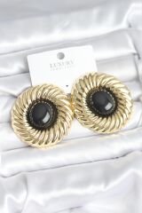 Pirinç Gold Renk Siyah Boncuklu Vintage Kadın Küpe
