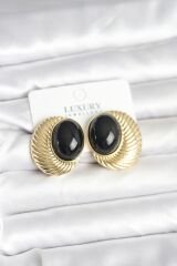 Pirinç Gold Renk Siyah Boncuklu Oval Vintage Kadın Küpe