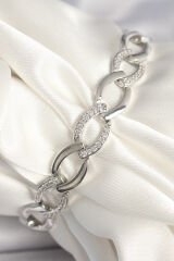 Pirinç Gümüş Renk Zirkon Taşlı Oval Zincir Model Kadın Bileklik