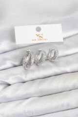 Pirinç Gümüş Renk Zirkon Taşlı Halka Model YSX Trio Küpe Seti