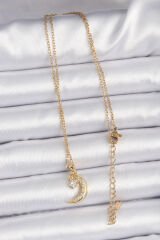 316L Çelik Zincir Altın Renk Zirkon Taşlı Sallantılı Ay Yıldız Kolye