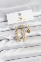 Pirinç Gold Renk Zirkon Taşlı Yıldız Vintage Model YSX Trio Küpe Seti