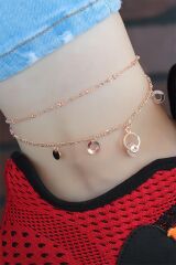 Kristal Taşlı Halkalı Rose Renk Çift Zincirli Hal Hal
