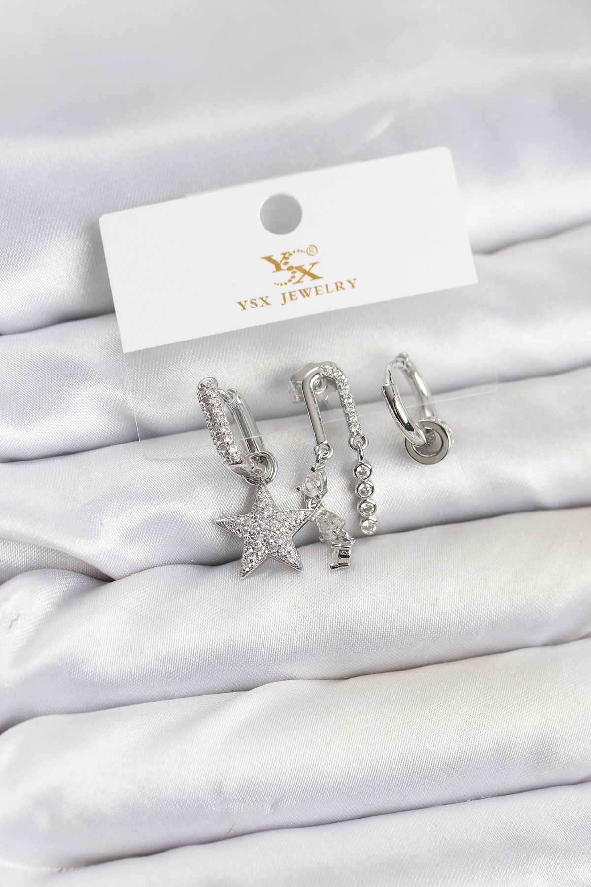 Pirinç Gümüş Renk Zirkon Taşlı Yıldız Vintage Model YSX Trio Küpe Seti