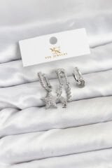 Pirinç Gümüş Renk Zirkon Taşlı Yıldız Vintage Model YSX Trio Küpe Seti