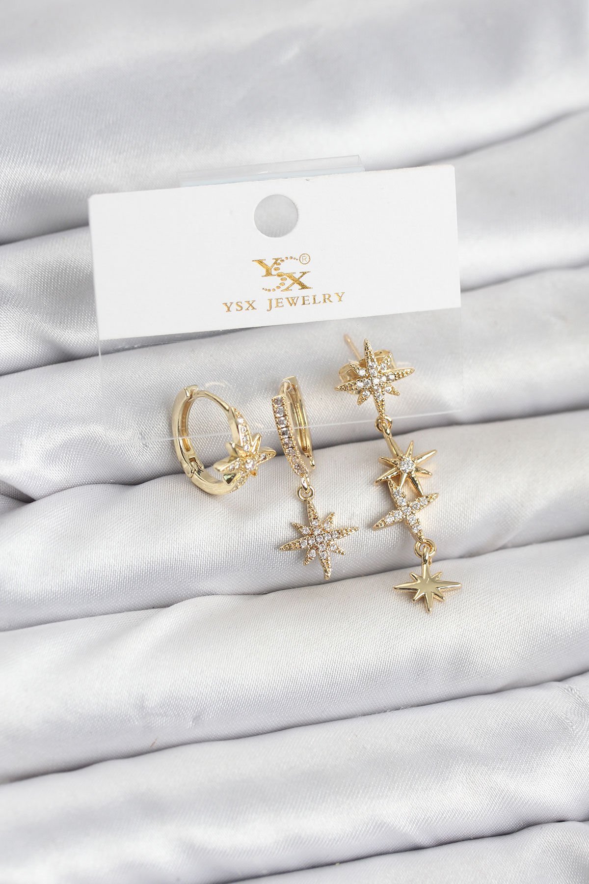 Pirinç Gold Renk Zirkon Taşlı Kutup Yıldızı Model YSX Trio Küpe Seti