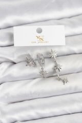 Pirinç Gümüş Renk Zirkon Taşlı Kutup Yıldızı Model YSX Trio Küpe Seti