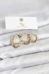 Pirinç Gold Renk Zirkon Taşlı Petek Halka Model YSX Trio Küpe Seti