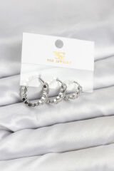 Pirinç Gümüş Renk Zirkon Taşlı Petek Halka Model YSX Trio Küpe Seti
