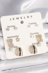 Pirinç Gold Renk Zirkon Taş Yıldız Detaylı İncili 7'Li Set Kadın Küpe Seti