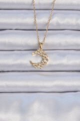 316L Çelik Zincir Altın Renk Zirkon Taşlı Ay Kolye