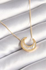 316L Çelik Gold Renk Beyaz Sedefli Hilal Model Kadın Kolye