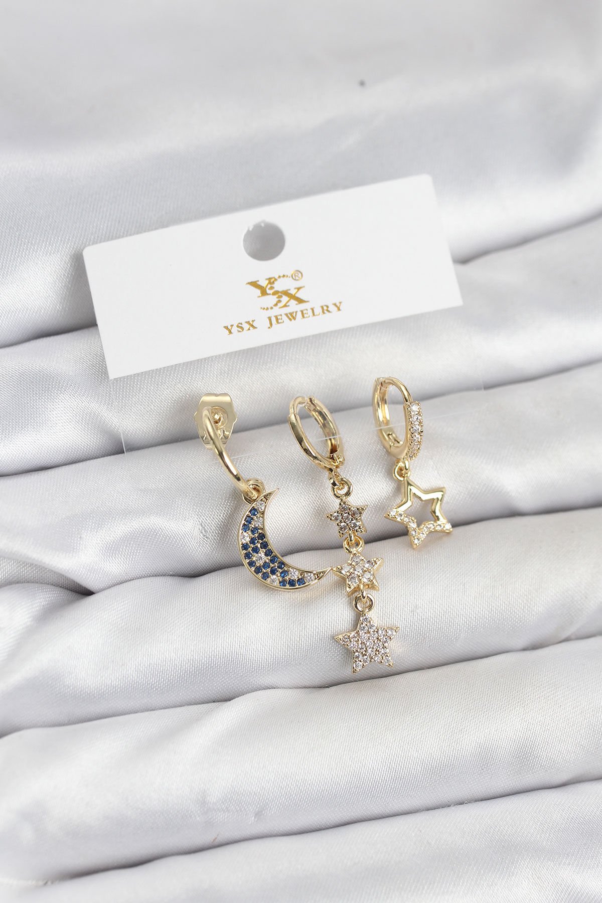 Pirinç Gold Renk Zirkon Taşlı Ay ve Yıldız Model YSX Trio Küpe Seti
