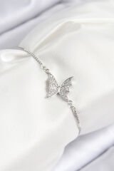 Pirinç Zirkon Taşlı Kelebek Model Gümüş Renk Asansörlü Kadın Bileklik