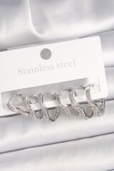 Pirinç Gümüş Renk Zirkon Taşlı 3 Çift Kalp Model Kadın Küpe