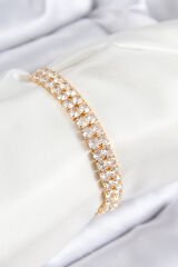 Pirinç Zirkon Taşlı Çift Sıra Kare Model Gold Renk Asansörlü Kadın Bileklik