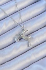 316L Çelik Zincir Gümüş Renk Zirkon Taşlı Kelebekli Mineli Ay Kolye