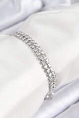 Pirinç Zirkon Taşlı Çift Sıra Model Gümüş Renk Asansörlü Kadın Bileklik