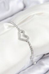 Pirinç Zirkon Taşlı Kalp Model Gümüş Renk Asansörlü Kadın Bileklik