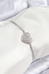 Pirinç Zirkon Taşlı Kalp Model Gümüş Renk Asansörlü Kadın Bileklik