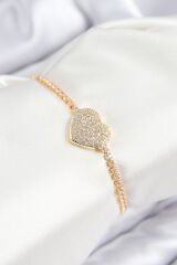 Pirinç Zirkon Taşlı Kalp Model Gold Renk Asansörlü Kadın Bileklik