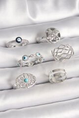 Pirinç Gümüş Renk Nazar Boncuk Zirkon Taş Detaylı Dalga Figür Kadın Yüzük Kombini