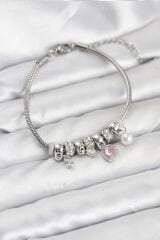 Pirinç Gümüş Renk Pembe Kalp Charmlı Kadın Bileklik
