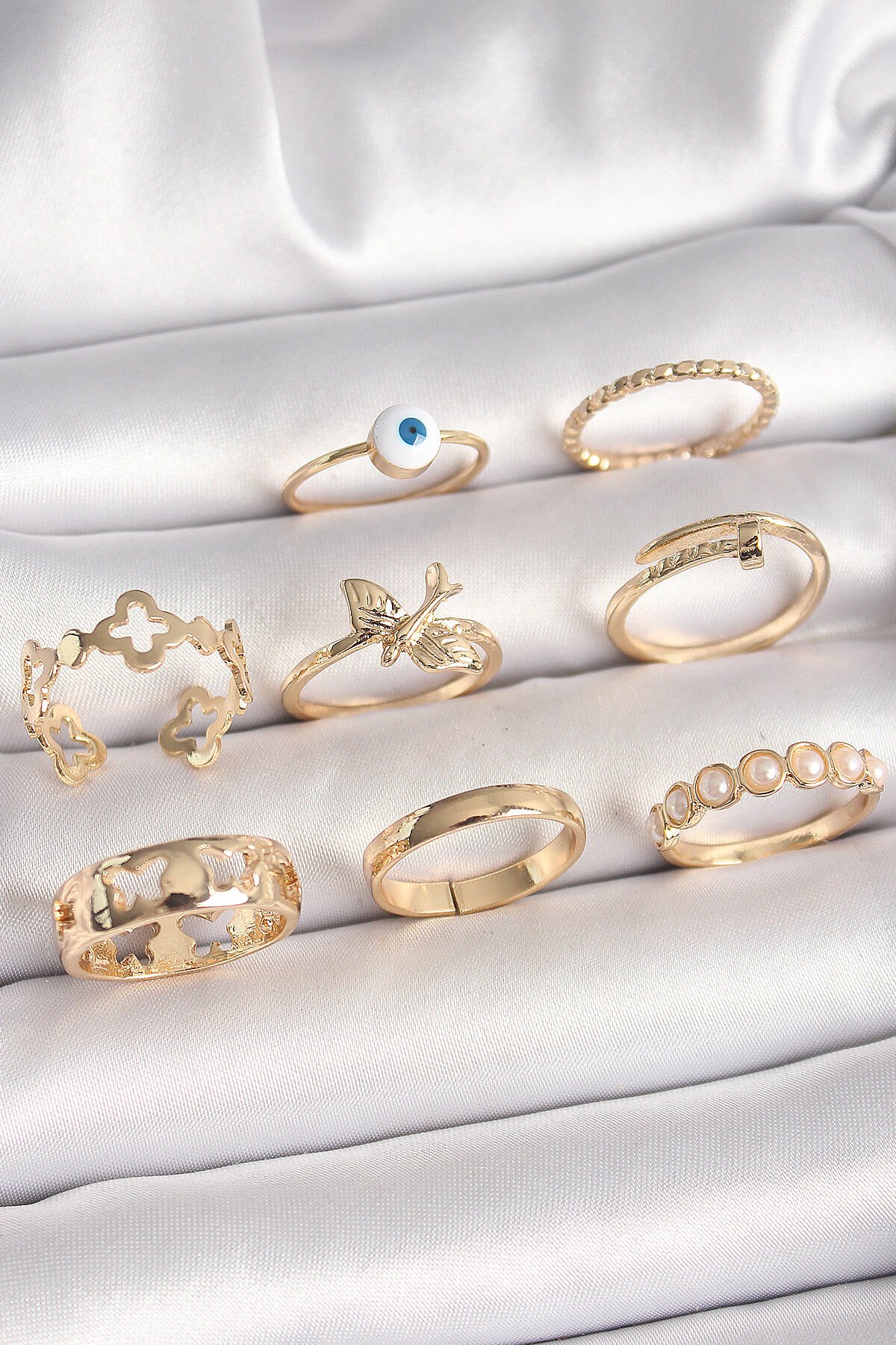 Pirinç Gold Renk Nazar Boncuk Model Kuş Detay Kadın Yüzük Kombini