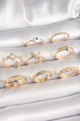 Pirinç Gold Renk Nazar Boncuk Model Kuş Detay Kadın Yüzük Kombini