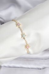 Renkli Yıldız Model Zirkon Taşlı Gold Renk Pirinç Su Yolu Kadın Bileklik