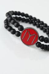 Bordo Renkli Metal Üzerine Füme Kayı Boyu Figürlü Siyah Renk Çift Sıra Doğal Taş Erkek Bileklik