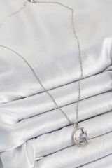 316L Çelik Zirkon Taşlı Kutup Yıldızlı Hilal Model Gümüş Renk Kadın Kolye