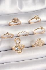 Pirinç Gold Renk Zirkon Taşlı Sonsuzluk Figür Yıldız Detay Kadın Yüzük Kombini