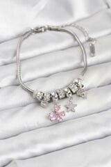 Pirinç Gümüş Renk Pembe Kelebek Charmlı Kadın Bileklik