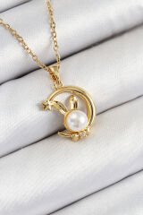 316L Çelik İnci Detaylı Hilal Tavşan Model Gold Renk Kadın Kolye