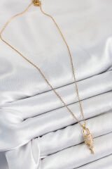 316L Çelik Zirkon Taşlı Kilit Ve Sallantılı Anahtar Model Gold Renk Kadın Kolye