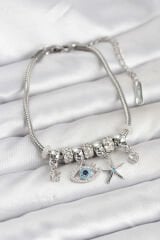 Pirinç Gümüş Renk Göz Model Charmlı Kadın Bileklik