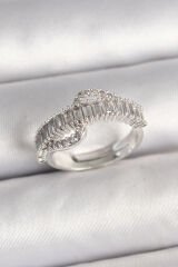 Pirinç Gümüş Renk Su Yolu Zirkon Taşlı Ayarlanabilir Model Kadın Yüzük