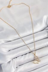 316L Çelik Zirkon Taşlı Kelebek Model Gold Renk Kadın Kolye