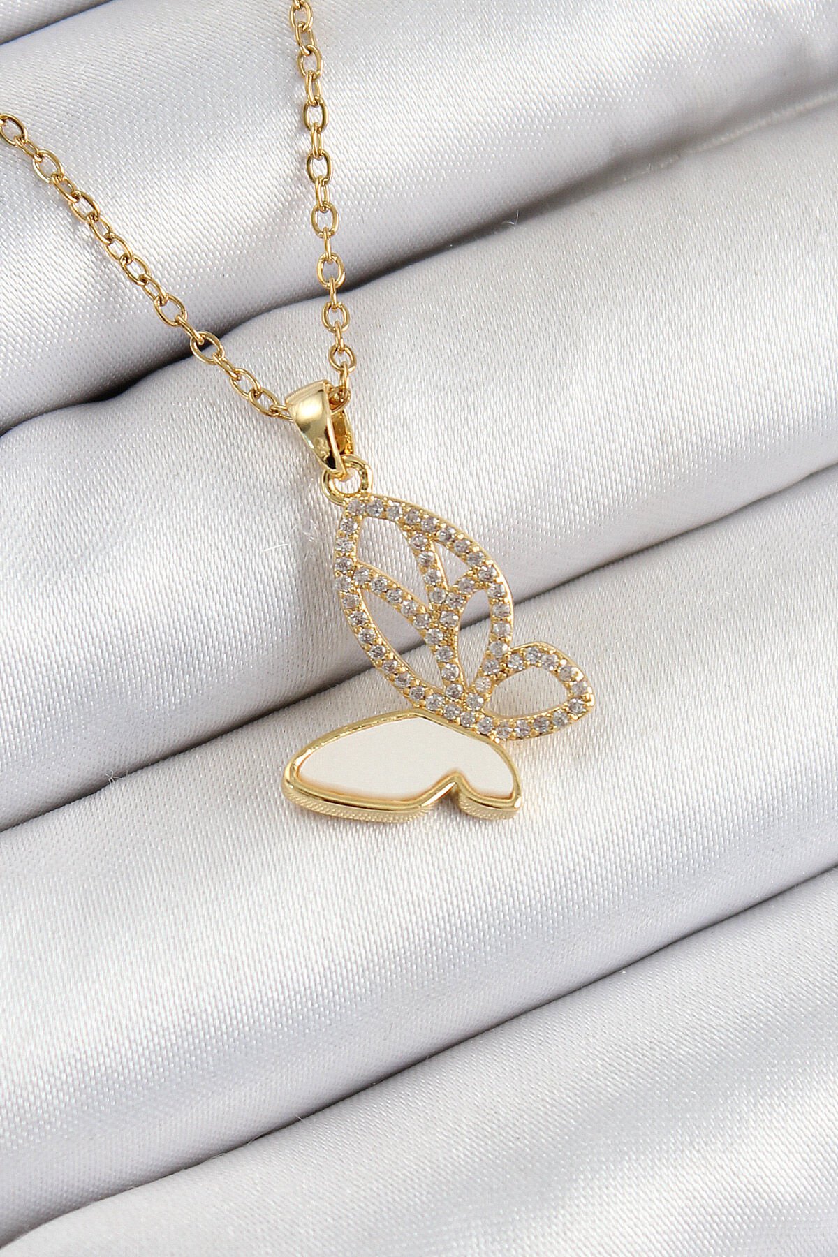 316L Çelik Zirkon Taşlı Kelebek Model Gold Renk Kadın Kolye