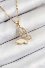 316L Çelik Zirkon Taşlı Kelebek Model Gold Renk Kadın Kolye