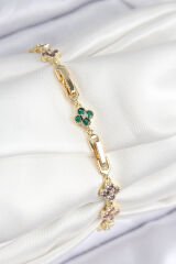 VIP Pirinç Renkli Zirkon Taşlı Yonca Model Gold Renk Kadın Bileklik