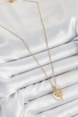 316L Çelik Zirkon Taşlı Hilal Melek Model Gold Renk Kadın Kolye
