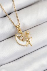 316L Çelik Zirkon Taşlı Hilal Melek Model Gold Renk Kadın Kolye