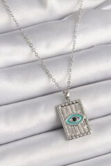 316L Çelik Gümüş Renk Zirkon Taşlı Göz İşleme Detaylı Plaka Model Kadın Kolye