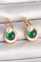 Pirinç Gold Renk Beyaz Yeşil Sallantı Mineli Kadın Küpe