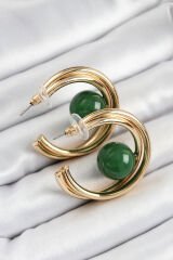 Pirinç Gold Renk Halka Model Yeşil Boncuk Detay Kadın Küpe