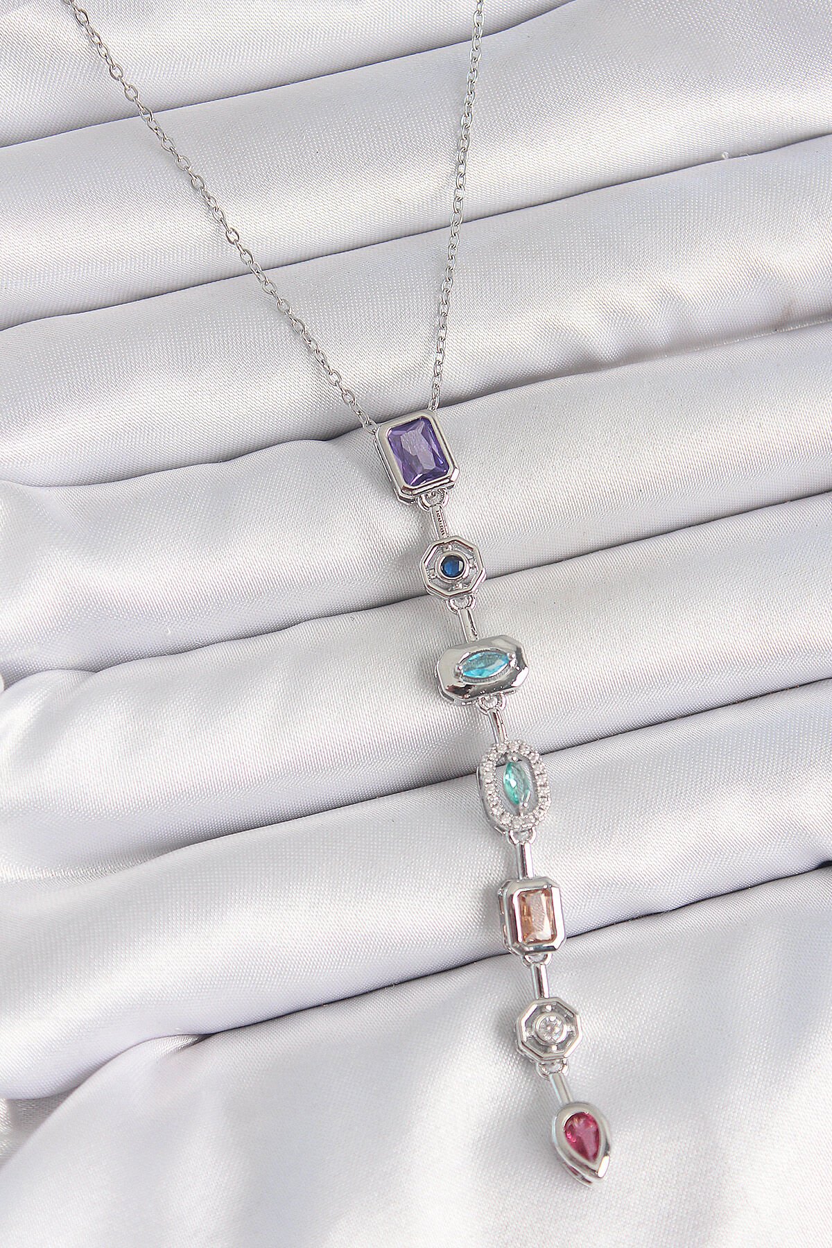 316L Çelik Gümüş Renk Zincir Zirkon Taşlı Y Model Dekolte Kadın Kolye