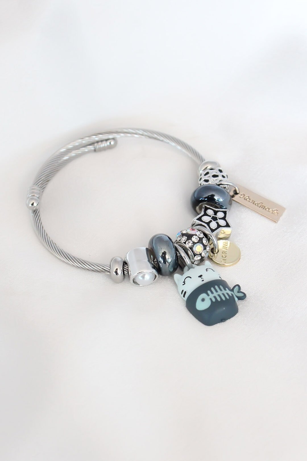 Mavi Kedi Figür Yıldız Detay Gümüş Renk Charm Çelik Kadın Bileklik