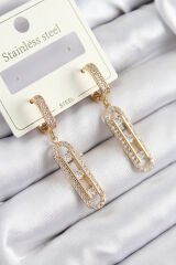 316L Çelik Zirkon Taşlı Sallantılı Messika Model Gold Renk Kadın Küpe